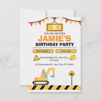 Yellow Cute Construction Truck Boys 2nd Birthday Einladung