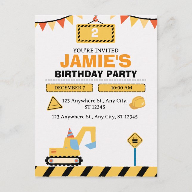 Yellow Cute Construction Truck Boys 2nd Birthday Postkarte (Vorderseite)