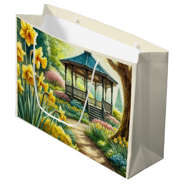 Yellow Daffodien und Gazebo Floral Gift Bag Große Geschenktüte (Vorderseite Schrägansicht)