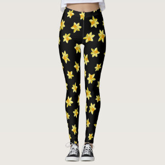 Yellow daffodil flowers seamless floral pattern leggings