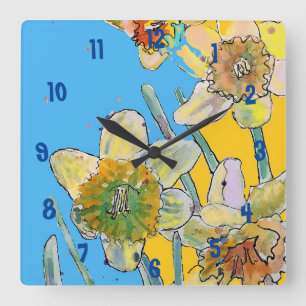 Yellow Daffodil Watercolour Womans Office Clock Quadratische Wanduhr