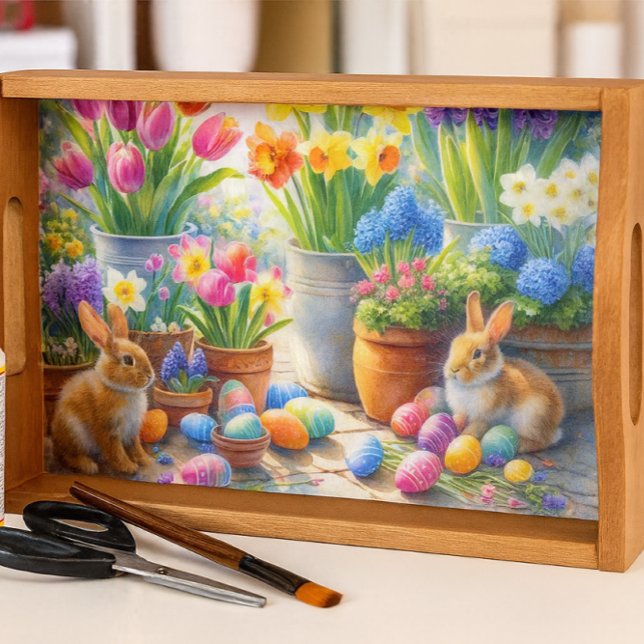 Yellow Daffodils and Garden Rabbits  Seidenpapier (Spring floral decoupage tray with rabbits, Mod Podge, and tools in a cozy craft room setting.)