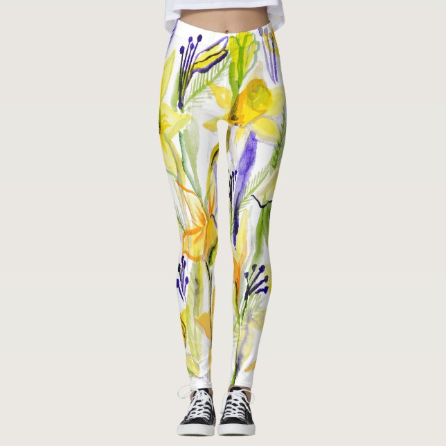 Yellow Daffodils Aquarellfärbung Leggings (Vorderseite)
