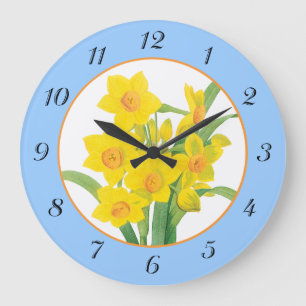 Yellow Daffodils on Blue Floral Wallclock Große Wanduhr