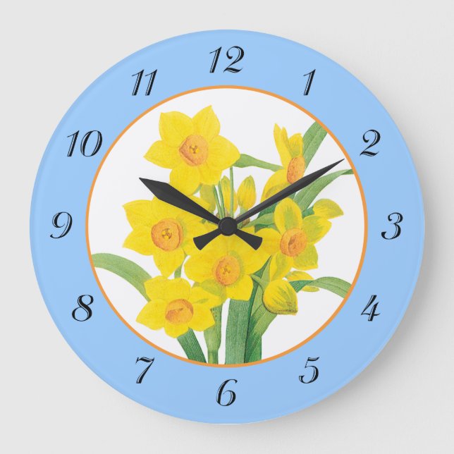 Yellow Daffodils on Blue Floral Wallclock Große Wanduhr (Vorderseite)