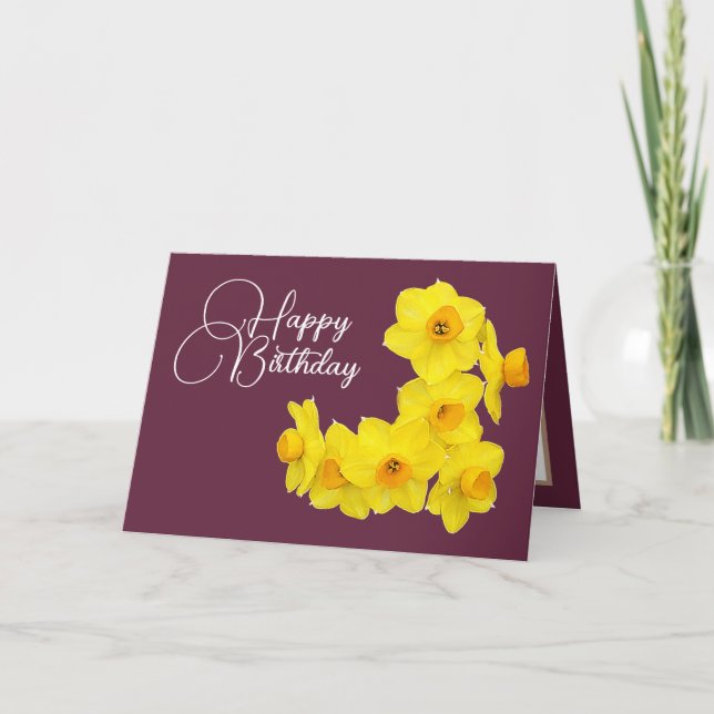 Yellow Daffodils Plum Background Geburtstag Karte (Vorderseite)