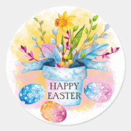 Yellow Daffodis Pink Blue Eggs Happy Easte Runder Aufkleber