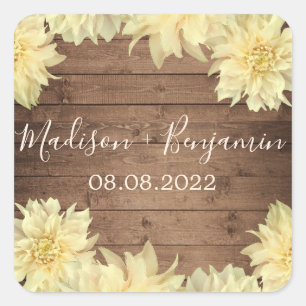 Yellow Dahlia Blume Rustic Wood Wedding Date Quadratischer Aufkleber