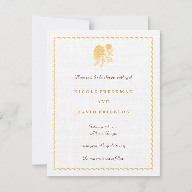 Yellow dahlia Save the Date Hochzeitsankündigung Einladung (Vorderseite)