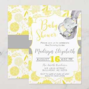 Yellow Dahlias Baby Elephant Boy Baby Dusche Einladung