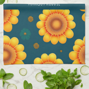 Yellow Daisies Blue Background Botanisches Muster Geschirrtuch