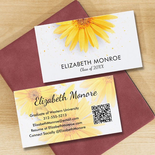 Yellow Daisies Graduate QR Code Telefonnummerkarte (Graduate Calling Cards at PartyInvitationShop.com)
