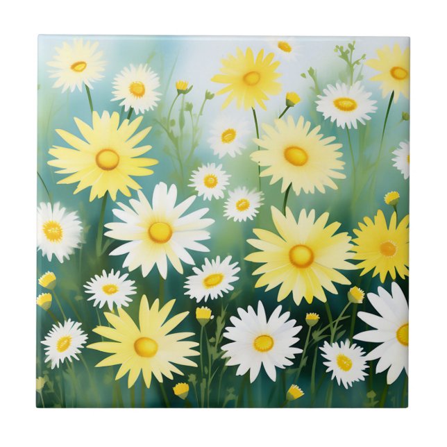 Yellow Daisies Meadow Watercolor Fliese (Vorderseite)