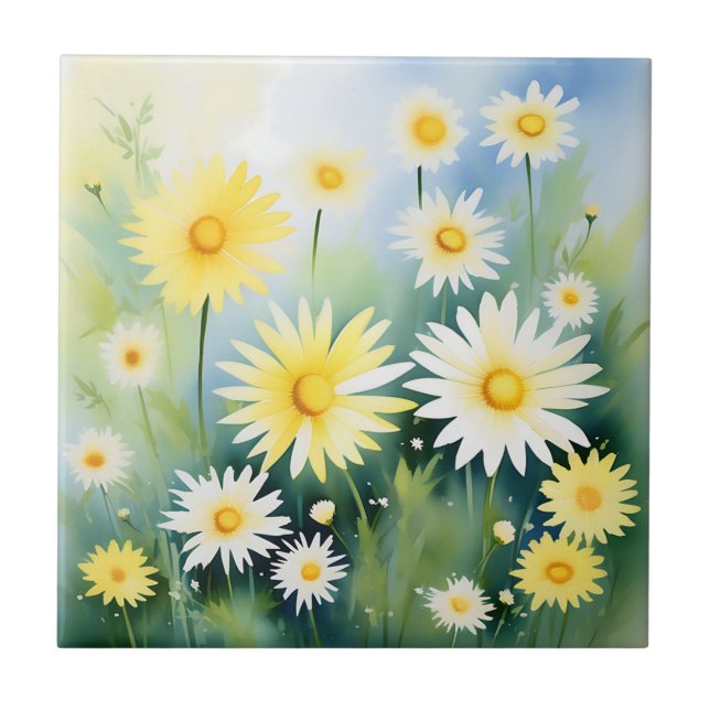 Yellow Daisies Watercolor Meadow Fliese (Vorderseite)