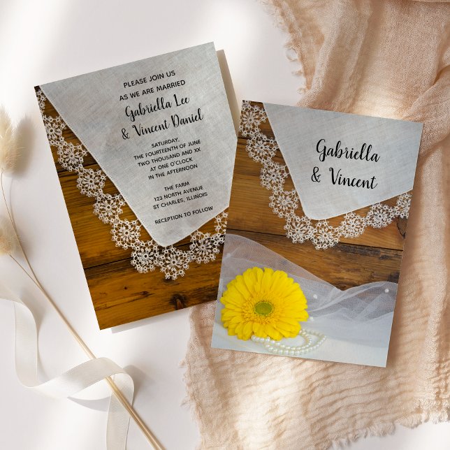 Yellow Daisy and Lace Country Stones Wedding Einladung (Von Creator hochgeladen)