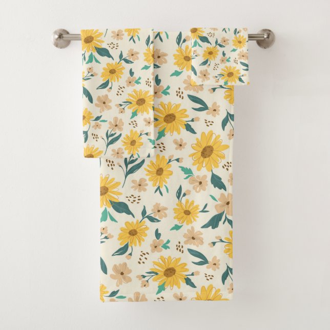 Yellow Daisy Blume Pattern Badhandtuch Set (Insitu)