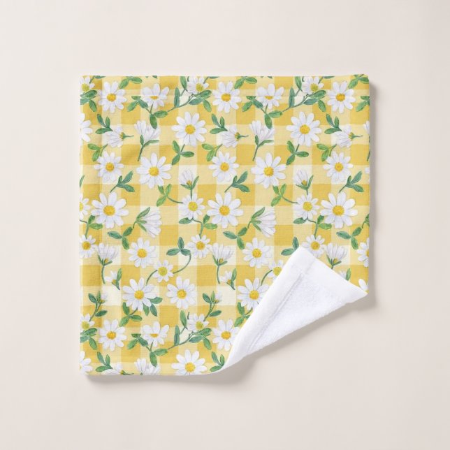 Yellow Daisy Floral Gingham Towel Set (Waschlappen)
