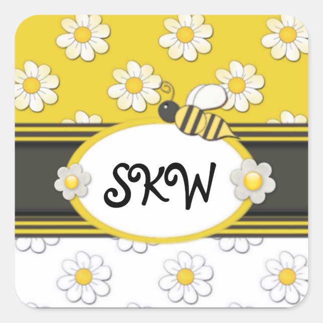 Yellow Daisy Monogram Quadratischer Aufkleber (Vorderseite)