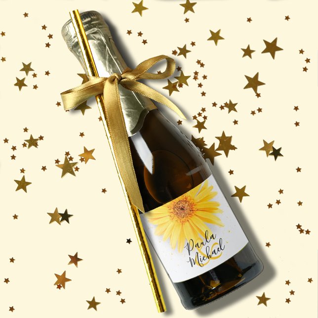 Yellow Daisy Wedding Celebration Mini (Yellow daisy wedding mini champagne labels for favors or to serve to guests)