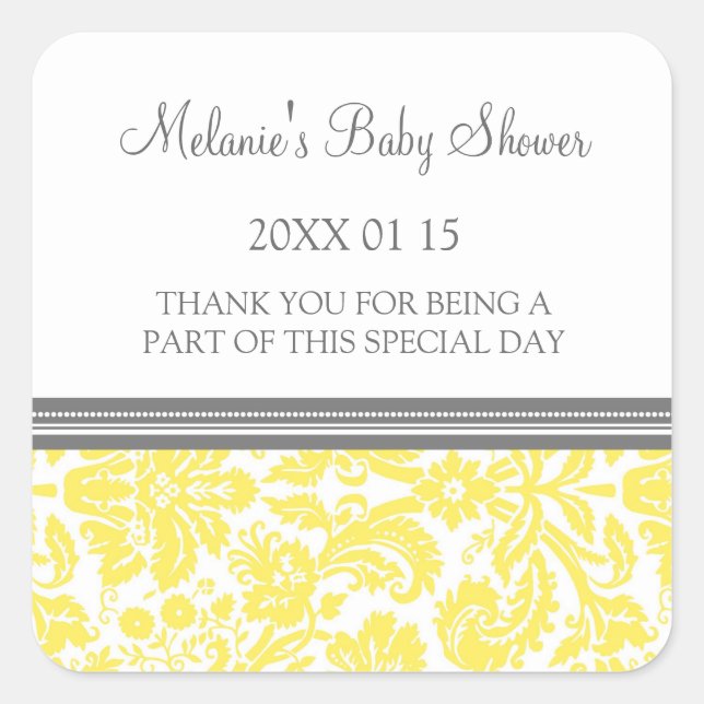 Yellow Damask Baby Dusche Pflegeaufkleber Quadratischer Aufkleber (Vorderseite)
