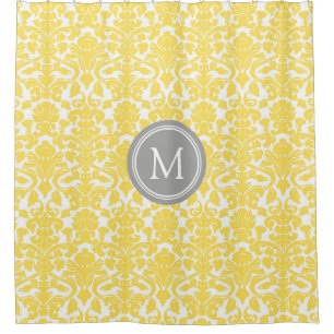 Yellow Damask Gray Monogramme rideau de douche