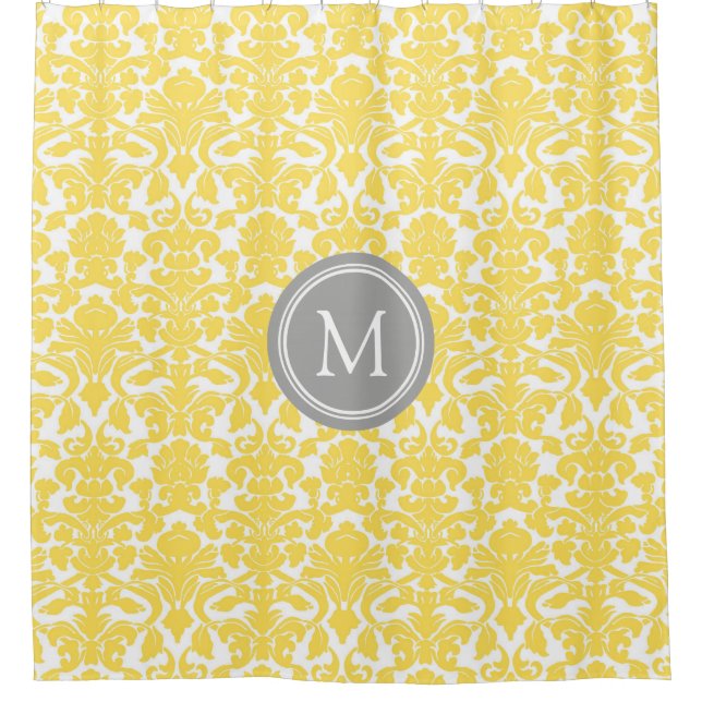 Yellow Damask Gray Monogramme rideau de douche (Devant)