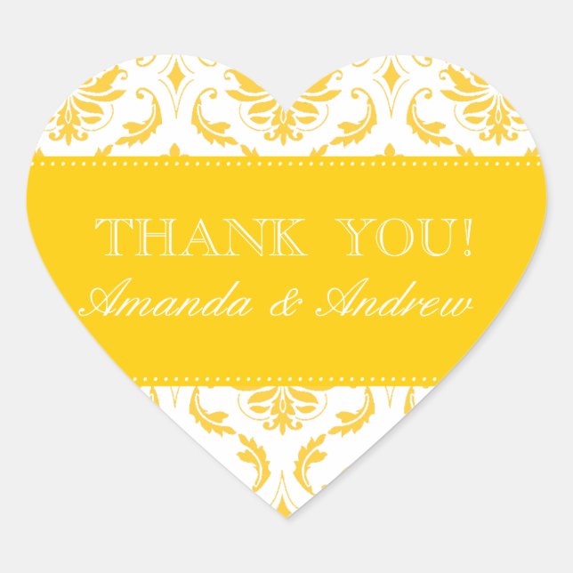 Yellow Damask Personalisiert Wedding Danke Herz-Aufkleber (Vorderseite)