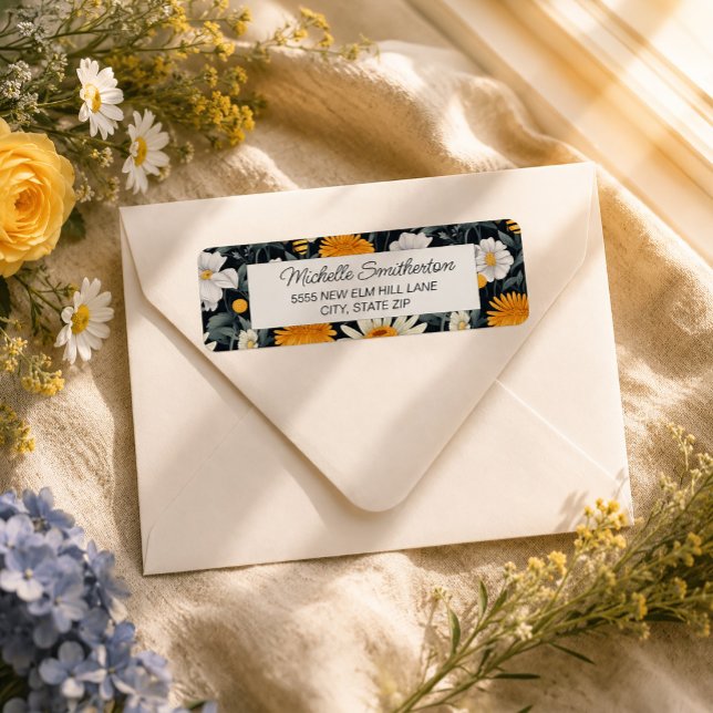 Yellow Dandelions White Daisies Navy Blue (Dandelions and daisies on navy blue address label)