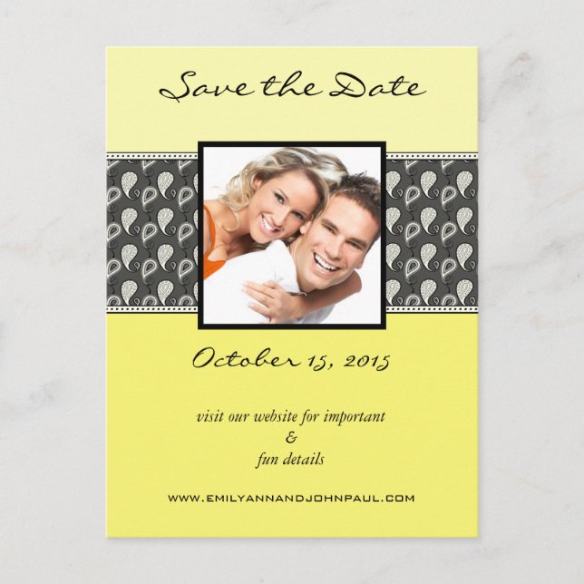 Yellow Deep Gray Paisley Save the Date Ihre Fotos Ankündigungspostkarte (Vorderseite)