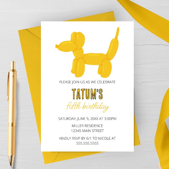 Yellow Dog Ballon Animal Birthday Party Einladung (Von Creator hochgeladen)