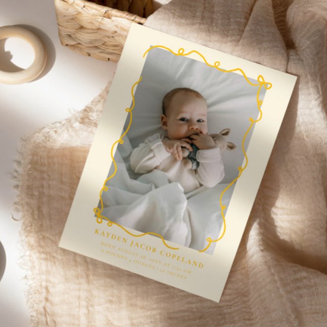 Yellow Doodle Bows Frame Birth Announcement Foto Ankündigung (Von Creator hochgeladen)