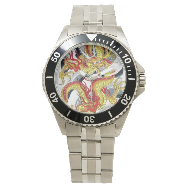 Yellow Dragon Japanischer Tattoo-Design Armbanduhr (Vorderseite)