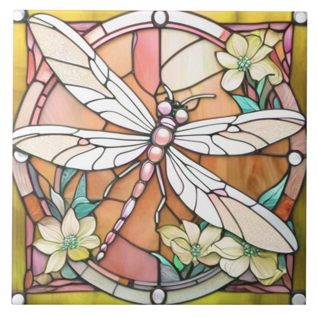Yellow Dragonfly Art Nouveau Deko gestettetes Glas Fliese (Vorderseite)