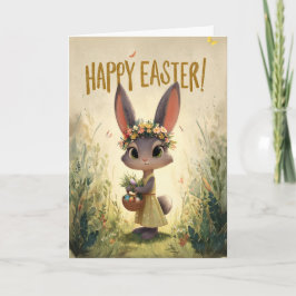 Yellow Dress Flower-Crown Bunny Easter Card Karte