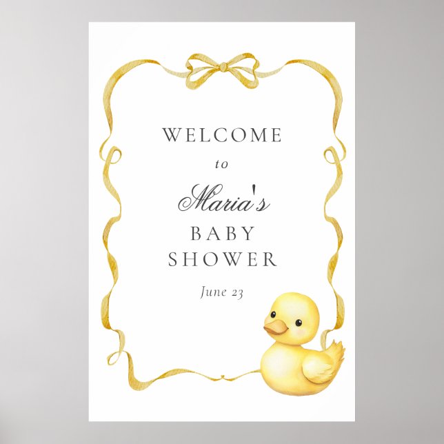 Yellow Duck and Ribbons Babydusche Begrüßungszeich Poster (Vorne)