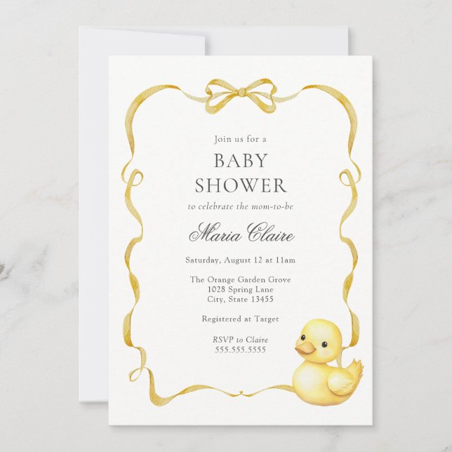 Yellow Ducky und Ribbons Baby Dusche Einladung (Vorderseite)