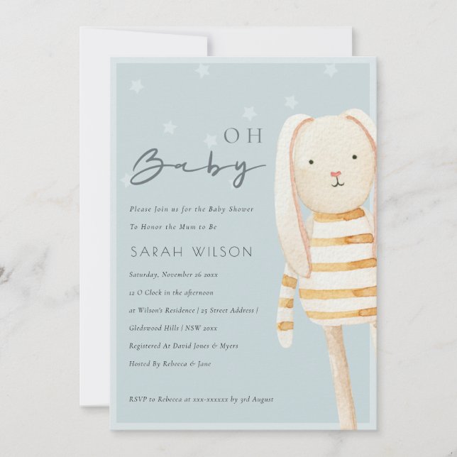 Yellow Dusky Blue Gray Bunny Bunny Oh Baby Dusche  Dankeskarte (Vorderseite)