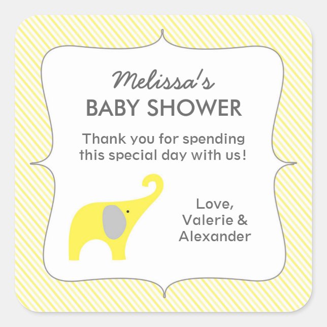 Yellow Elefant Baby Dusche Gefallen Danke Quadratischer Aufkleber (Vorderseite)