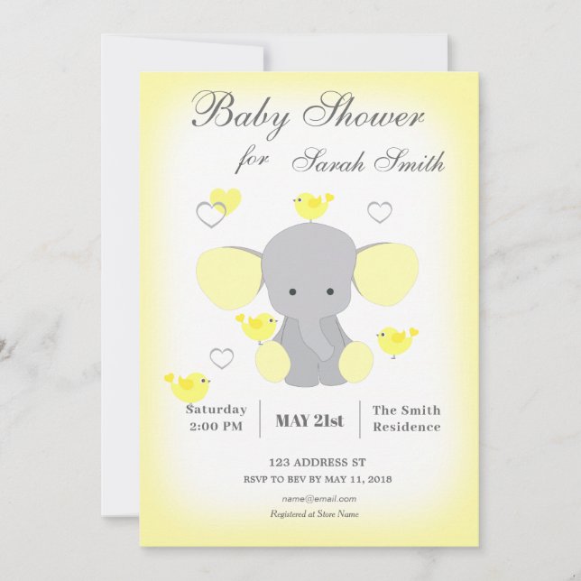 Yellow Elephant Baby Boy Girl Shower Invitation (Devant)
