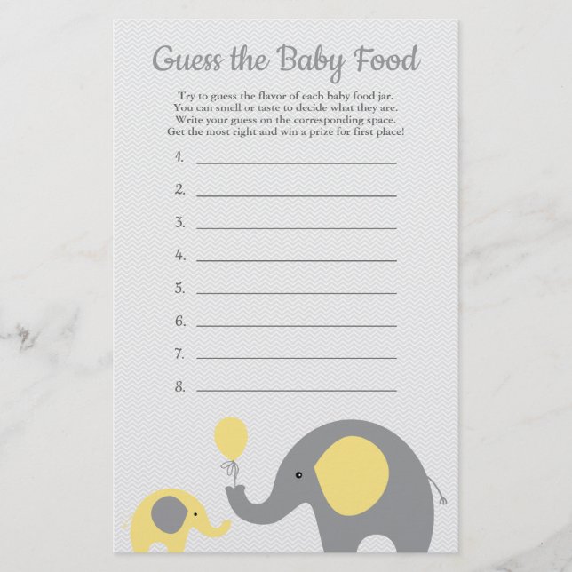 Yellow Elephant Baby Dusche Ratet Baby Food Game Flyer (Vorne)