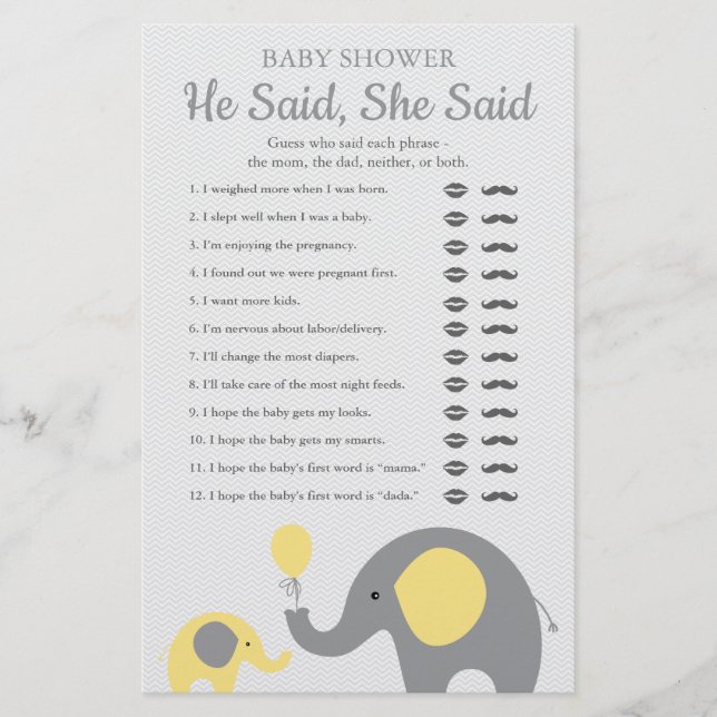Yellow Elephant Baby Dusche sagte er sagte, sie sa Flyer (Vorne)