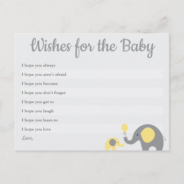 Yellow Elephant Baby Dusche Wünsche für Babykarten Postkarte (Vorderseite)