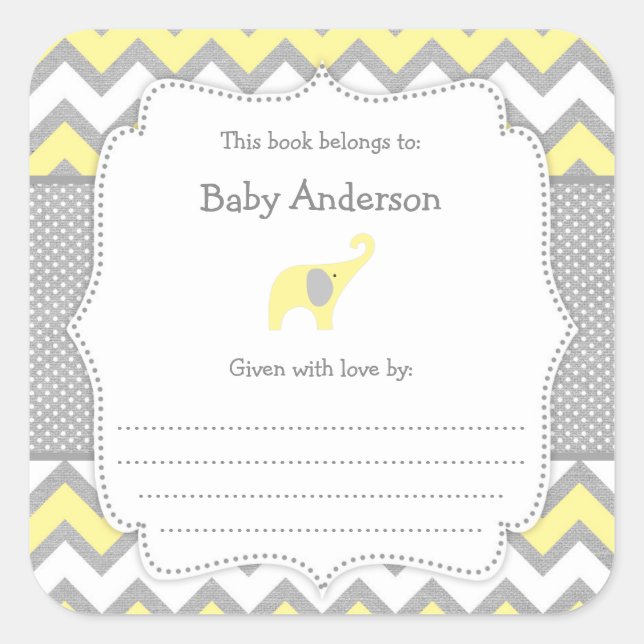 Yellow Elephant Baby Showbuchaufkleber für Buchzei Quadratischer Aufkleber (Vorderseite)