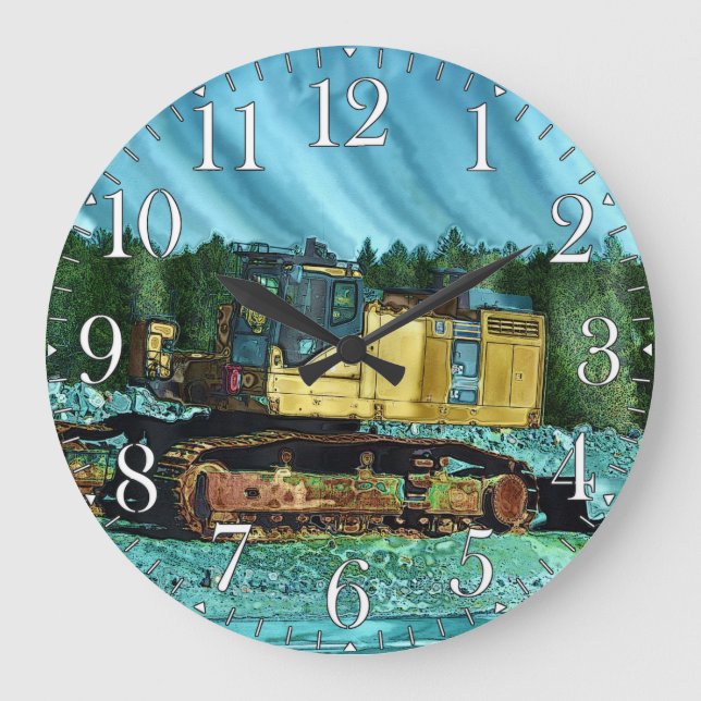 Yellow Excavator Earth-Mover Art Gift Große Wanduhr (Vorderseite)