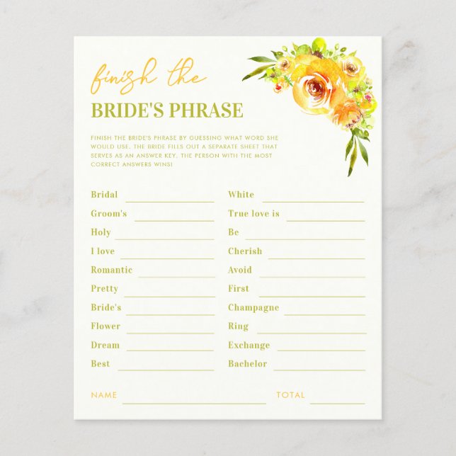 Yellow Finish the Brides Phrase Bridal Shower Game (Vorderseite)
