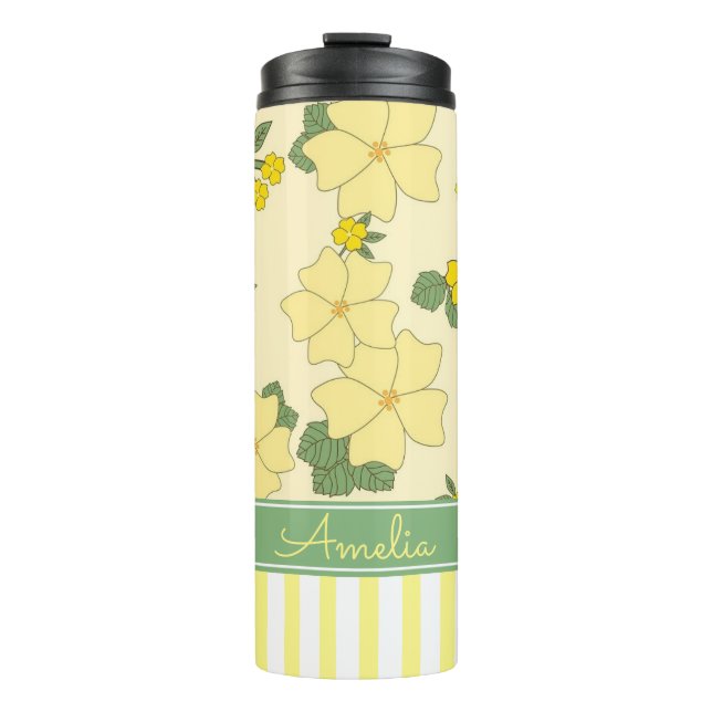 Yellow Floral and Stripes Personalised Thermosbecher (Vorderseite)