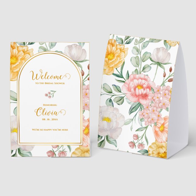 Yellow Floral Arch Design Bridal Shower Welcome  Tischaufsteller (Vorder-/Rückseite)
