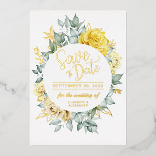 Yellow floral class botanische Hochzeit Rett Datum Folieneinladung