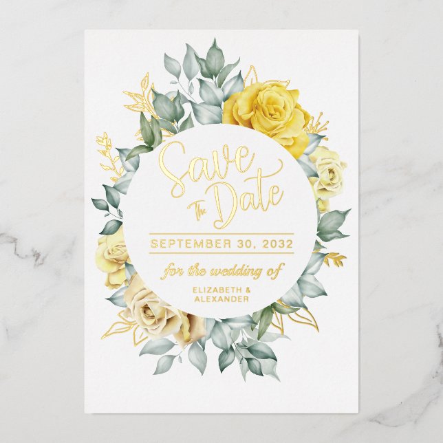Yellow floral class botanische Hochzeit Rett Datum Folieneinladung (Vorderseite)