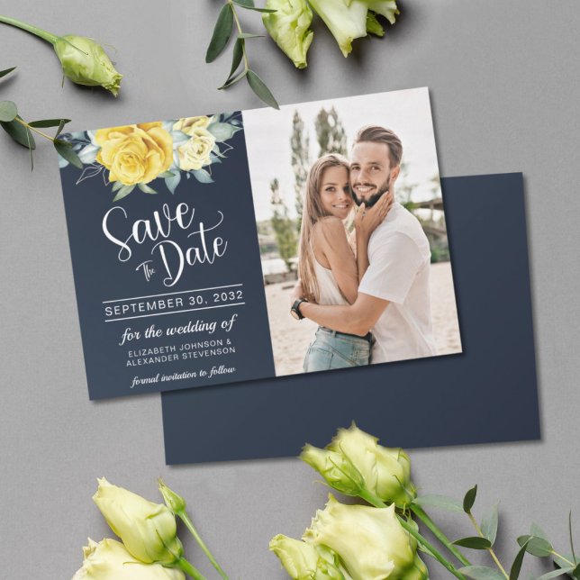 Yellow floral classy navy blue photo wedding save the date (Von Creator hochgeladen)
